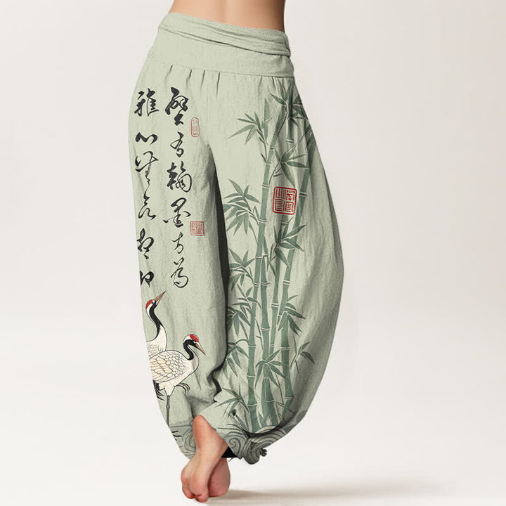 Buddha Stones Cotton Bamboo Calligraphy Crane Pattern Women's Elastic Waist Harem Pants - image 7