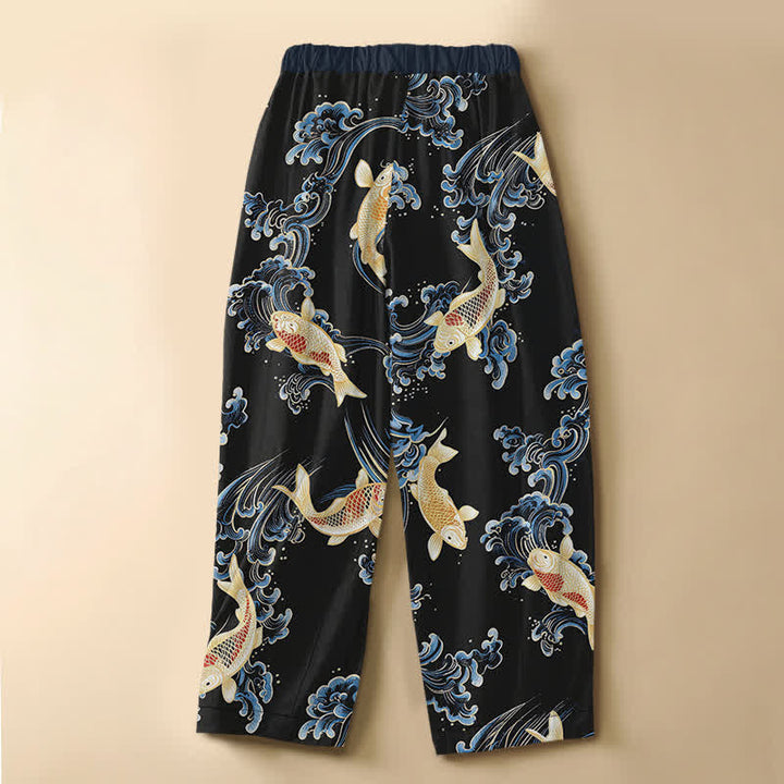 Buddha Stones Pure Cotton Vintage Koi Wave Pattern Frog Button Women's Elastic Waist Harem Pants With Pockets - image 8