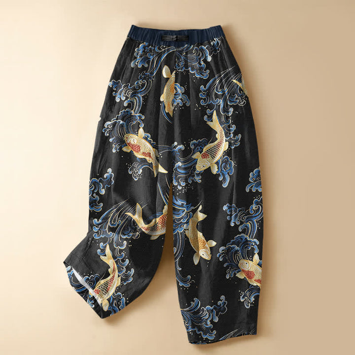Buddha Stones Pure Cotton Vintage Koi Wave Pattern Frog Button Women's Elastic Waist Harem Pants With Pockets - Black - US16，UK/AU20，EU48 (3XL) - image 7