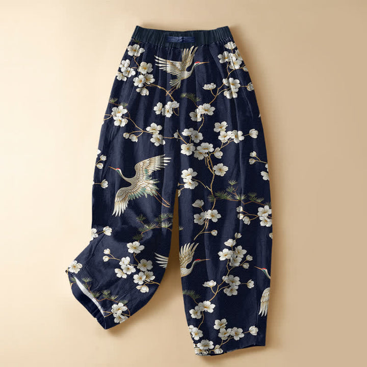 Buddha Stones Pure Cotton Vintage Crane Blossom Pattern Frog Button Women's Elastic Waist Harem Pants With Pockets - Navy - US16，UK/AU20，EU48 (3XL) - image 0
