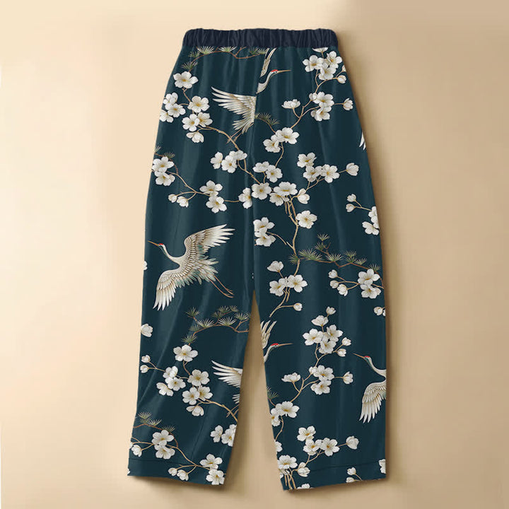 Buddha Stones Pure Cotton Vintage Crane Blossom Pattern Frog Button Women's Elastic Waist Harem Pants With Pockets - image 6