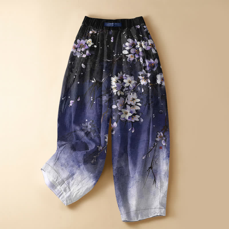 Buddha Stones Pure Cotton Ombre Sakura Blossom Pattern Frog Button Women's Elastic Waist Harem Pants With Pockets - Indigo - US16，UK/AU20，EU48 (3XL) - image 0