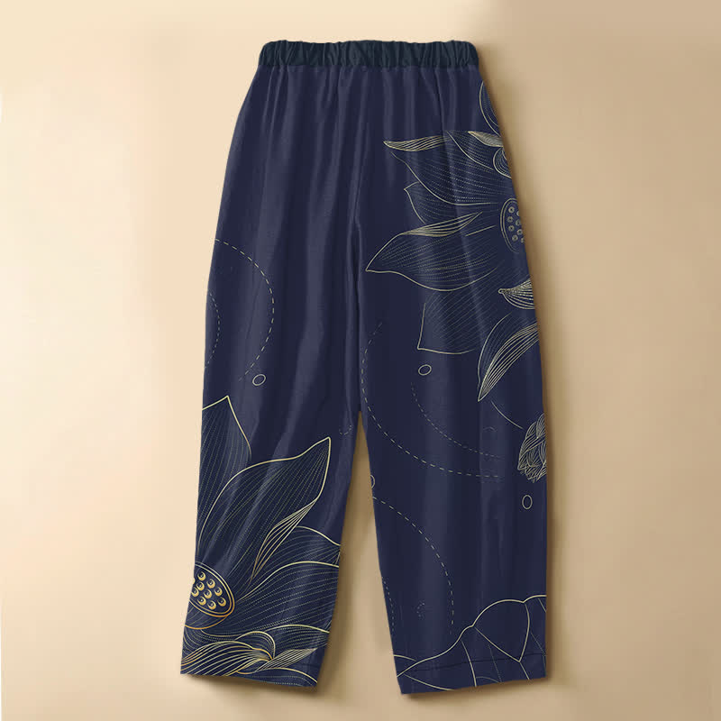 Buddha Stones Pure Cotton Vintage Lotus Line Art Pattern Frog Button Women's Elastic Waist Harem Pants With Pockets - image 6