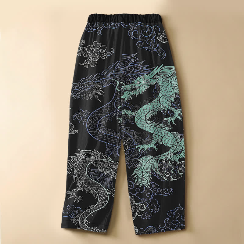 Buddha Stones Pure Cotton Oriental Dragon Wave Pattern Frog Button Women's Elastic Waist Harem Pants With Pockets - image 1