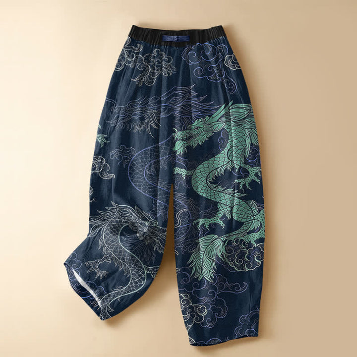 Buddha Stones Pure Cotton Oriental Dragon Wave Pattern Frog Button Women's Elastic Waist Harem Pants With Pockets - Navy - US16，UK/AU20，EU48 (3XL) - image 5