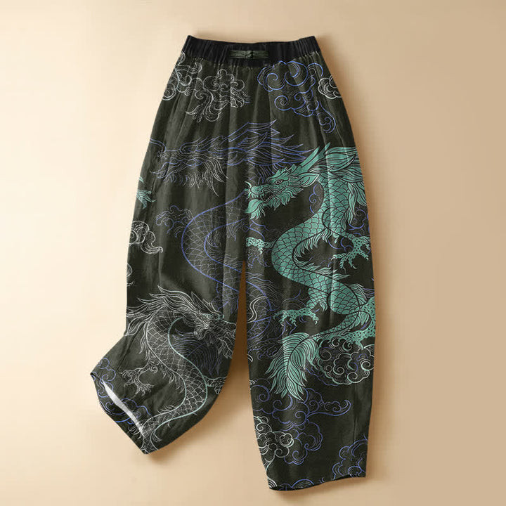 Buddha Stones Pure Cotton Oriental Dragon Wave Pattern Frog Button Women's Elastic Waist Harem Pants With Pockets - DarkOliveGreen - US16，UK/AU20，EU48 (3XL) - image 7