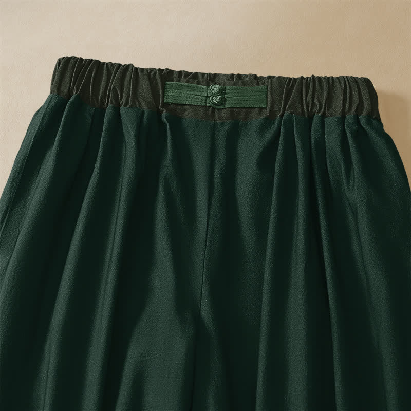 Buddha Stones Pure Cotton Elegant Lotus Outline Pattern Frog Button Women's Elastic Waist Harem Pants With Pockets - image 2