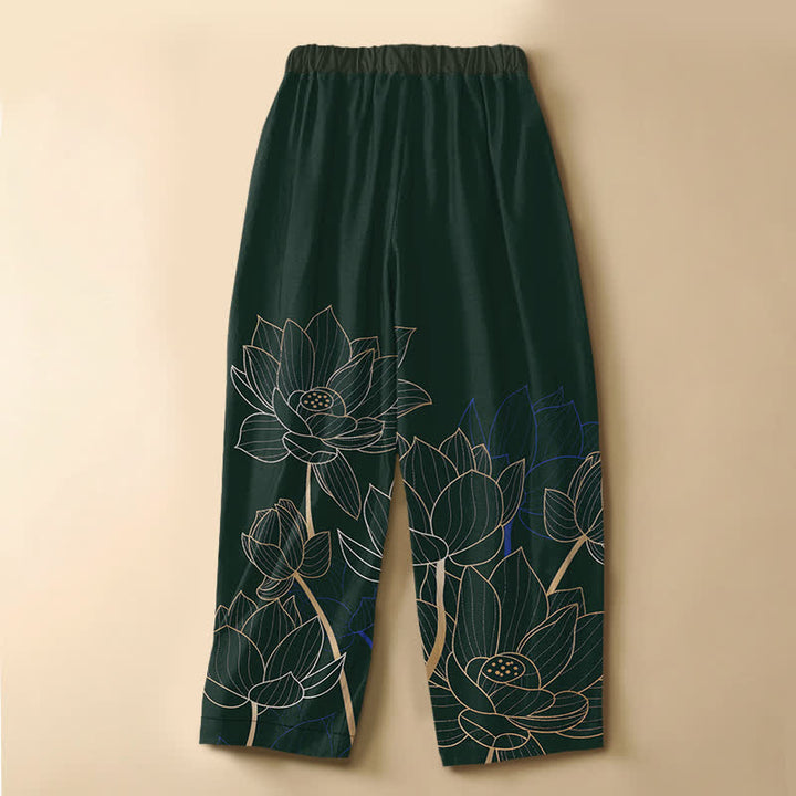 Buddha Stones Pure Cotton Elegant Lotus Outline Pattern Frog Button Women's Elastic Waist Harem Pants With Pockets - image 1