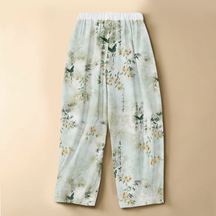 Buddha Stones Pure Cotton Calligraphy Floral Bird Pattern Frog Button Women's Elastic Waist Harem Pants With Pockets - image 1