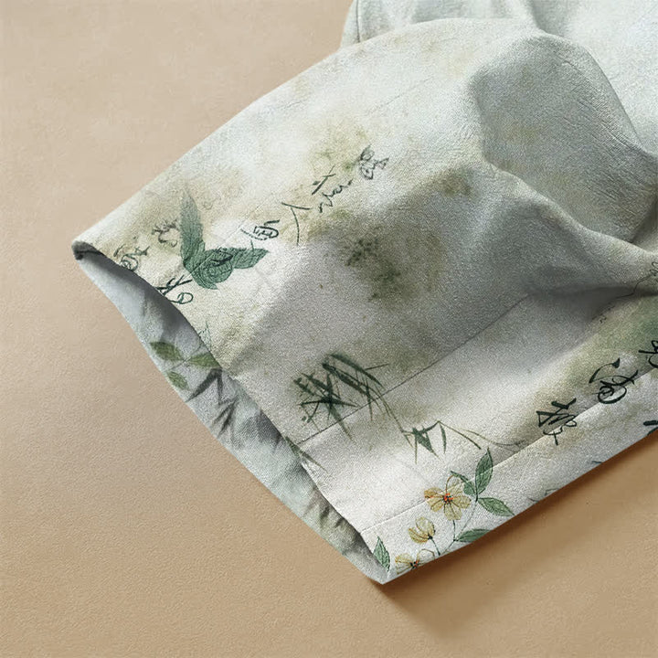 Buddha Stones Pure Cotton Calligraphy Floral Bird Pattern Frog Button Women's Elastic Waist Harem Pants With Pockets - image 3