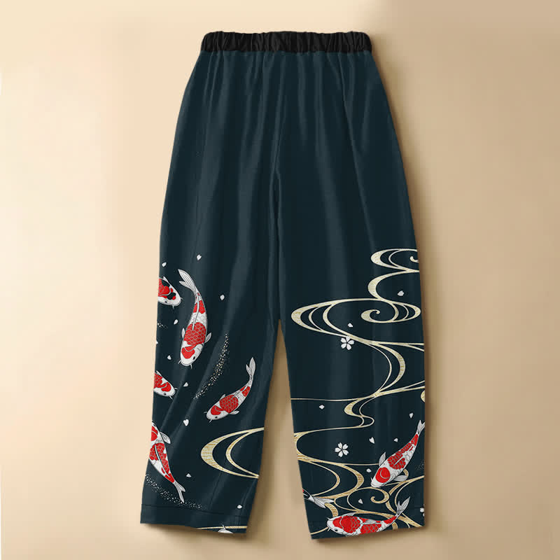 Buddha Stones Pure Cotton Oriental Koi Water Pattern Frog Button Women's Elastic Waist Harem Pants With Pockets - image 8
