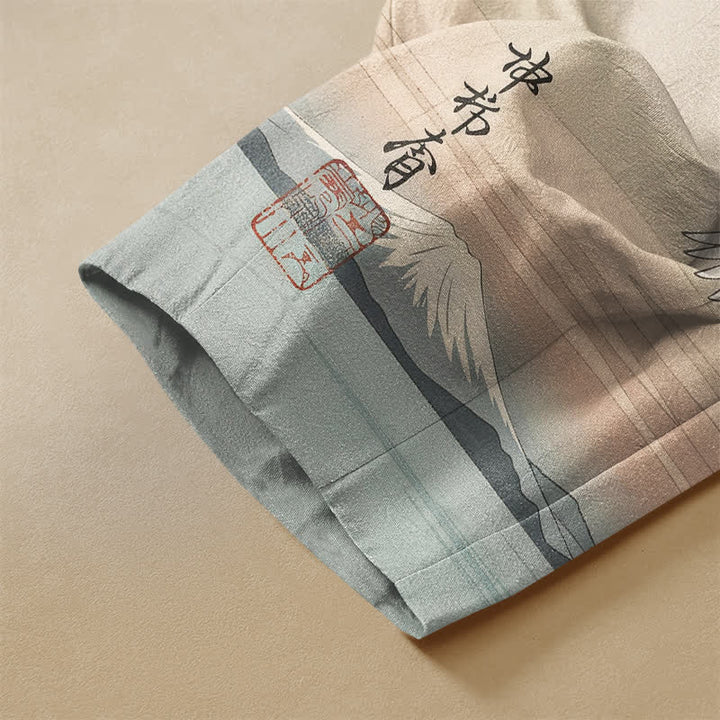 Buddha Stones Pure Cotton Ink Crane Landscape Pattern Frog Button Women's Elastic Waist Harem Pants With Pockets - image 3