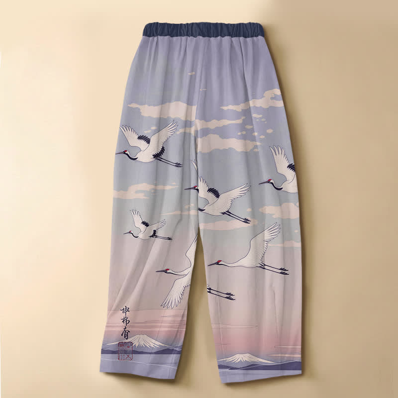 Buddha Stones Pure Cotton Ink Crane Landscape Pattern Frog Button Women's Elastic Waist Harem Pants With Pockets - image 6