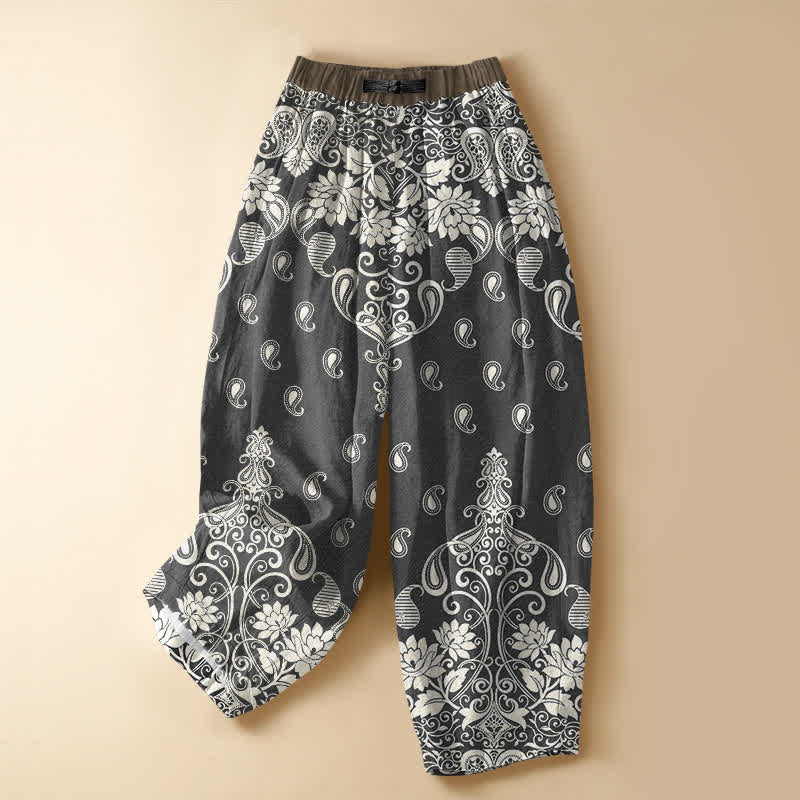 Buddha Stones Pure Cotton Vintage Border Paisley Bloom Pattern Frog Button Women's Elastic Waist Harem Pants With Pockets - DarkSlateGray - US16，UK/AU20，EU48 (3XL) - image 5