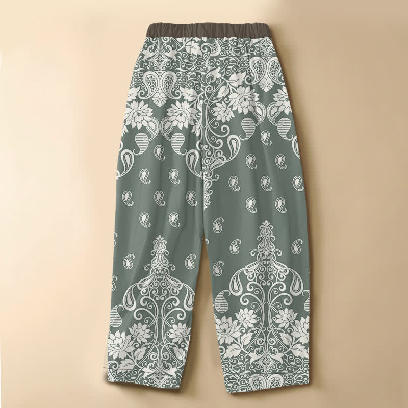 Buddha Stones Pure Cotton Vintage Border Paisley Bloom Pattern Frog Button Women's Elastic Waist Harem Pants With Pockets - image 8