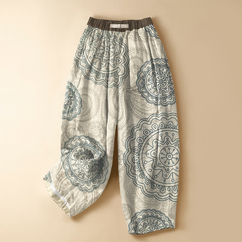Buddha Stones Pure Cotton Boho Mandala Pattern Frog Button Women's Elastic Waist Harem Pants With Pockets - Beige - US16，UK/AU20，EU48 (3XL) - image 0