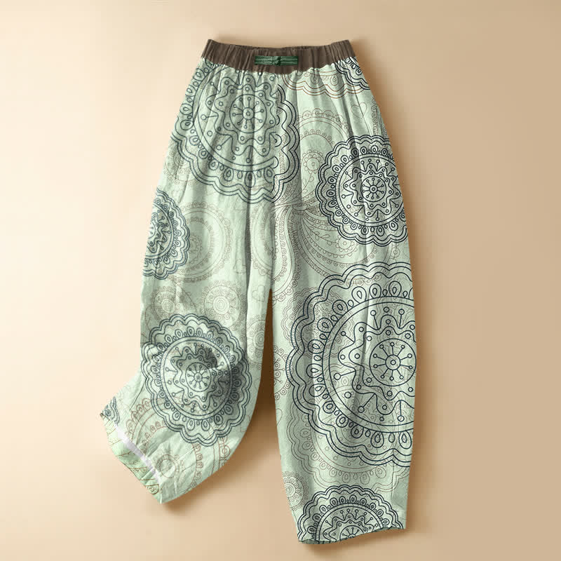 Buddha Stones Pure Cotton Boho Mandala Pattern Frog Button Women's Elastic Waist Harem Pants With Pockets - PaleGreen - US16，UK/AU20，EU48 (3XL) - image 7
