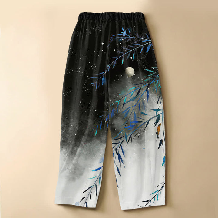 Buddha Stones Pure Cotton Starry Moon Bamboo Pattern Frog Button Women's Elastic Waist Harem Pants With Pockets - image 1