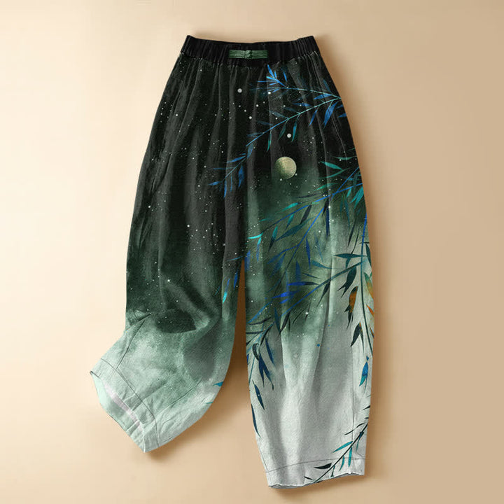 Buddha Stones Pure Cotton Starry Moon Bamboo Pattern Frog Button Women's Elastic Waist Harem Pants With Pockets - DarkGreen - US16，UK/AU20，EU48 (3XL) - image 7