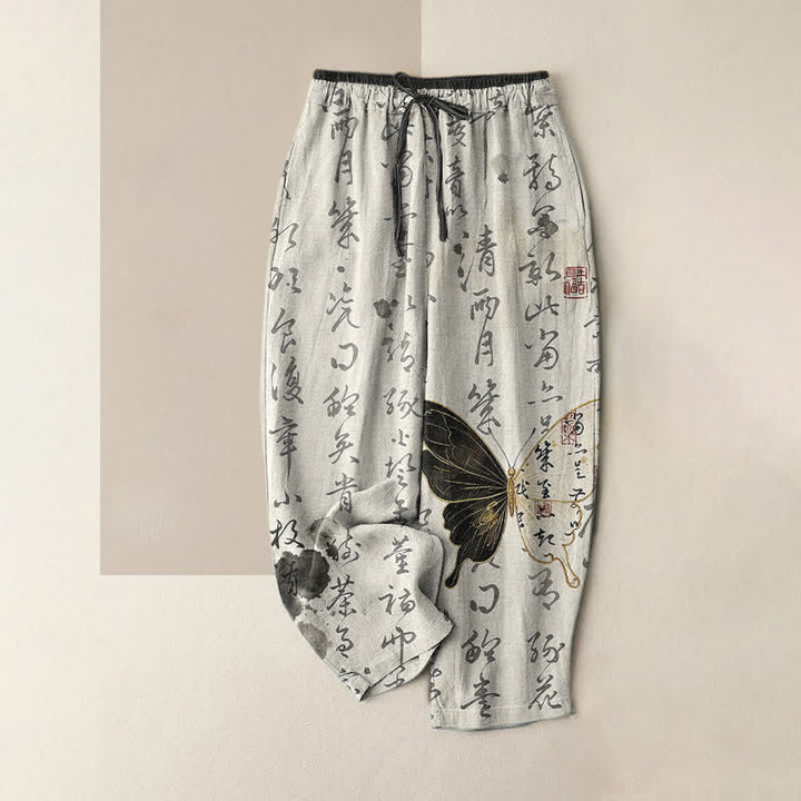 Buddha Stones Pure Cotton Artistic Script Butterfly Pattern Women's Elastic Waist Pants With Pockets - WhiteSmoke - US16，UK/AU20，EU48 (3XL) - image 4