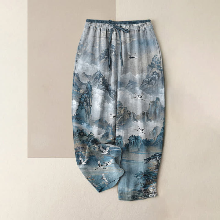 Buddha Stones Pure Cotton Misty Mountain Crane Pattern Women's Elastic Waist Pants With Pockets - CadetBlue - US16，UK/AU20，EU48 (3XL) - image 3