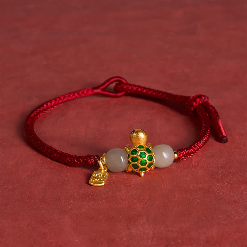 Buddha Stones Copper Turtle Fu Character Hetian Jade Red String Luck Bracelet - image 4