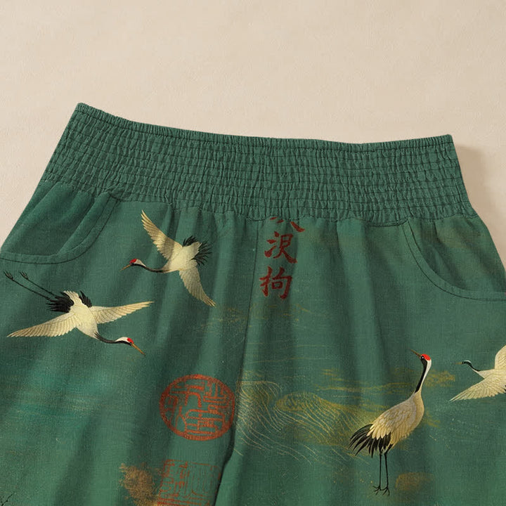 Buddha Stones Cotton Oriental Crane Calligraphy Pattern Pleated Elastic Waist Women's Harem Pants With Pockets - image 4