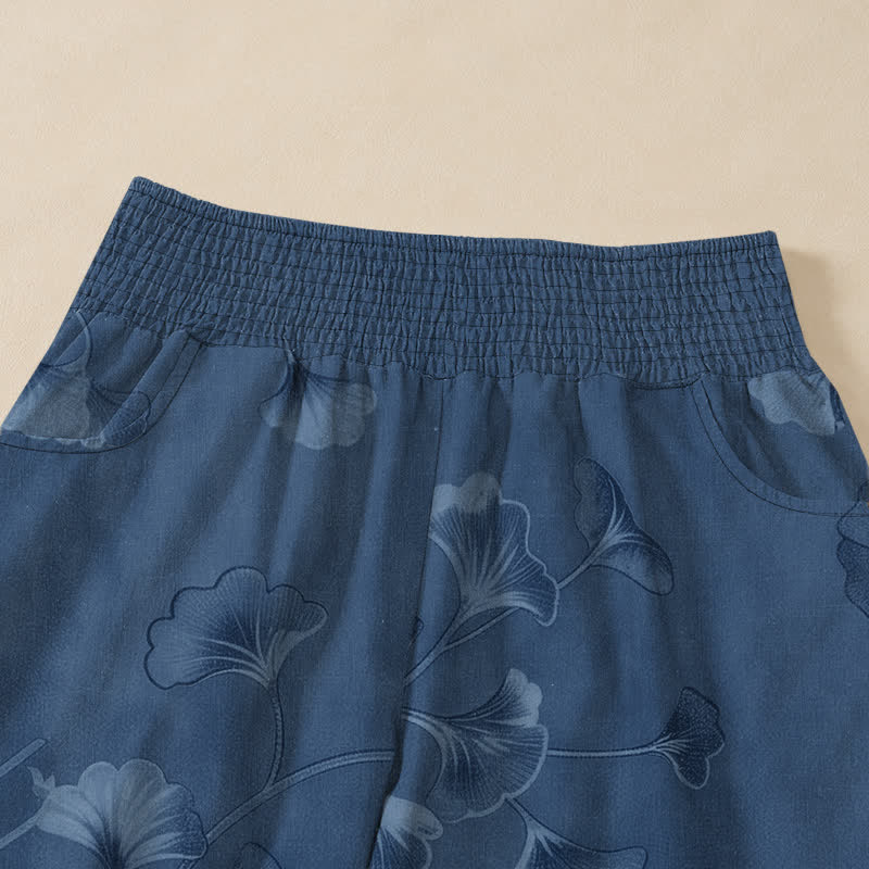 Buddha Stones Cotton Ginkgo Leaves Pattern Pleated Elastic Waist Women's Harem Pants With Pockets - image 4