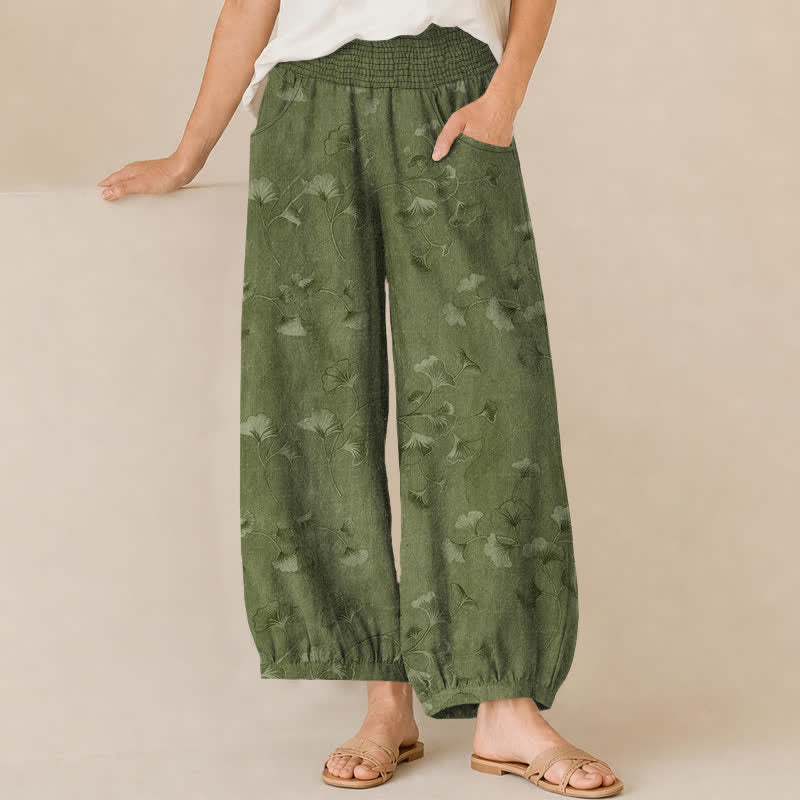 Buddha Stones Cotton Ginkgo Leaves Pattern Pleated Elastic Waist Women's Harem Pants With Pockets - OliveDrab - US16，UK/AU20，EU48 (3XL) - image 6