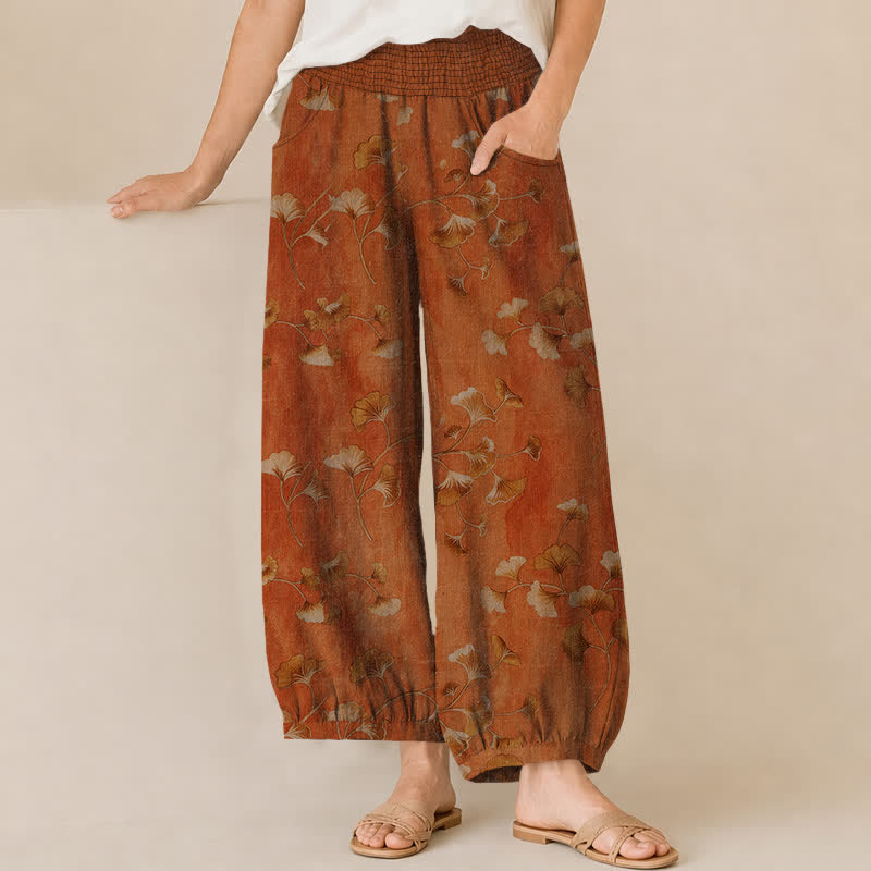 Buddha Stones Cotton Ginkgo Leaves Pattern Pleated Elastic Waist Women's Harem Pants With Pockets - Sienna - US16，UK/AU20，EU48 (3XL) - image 10