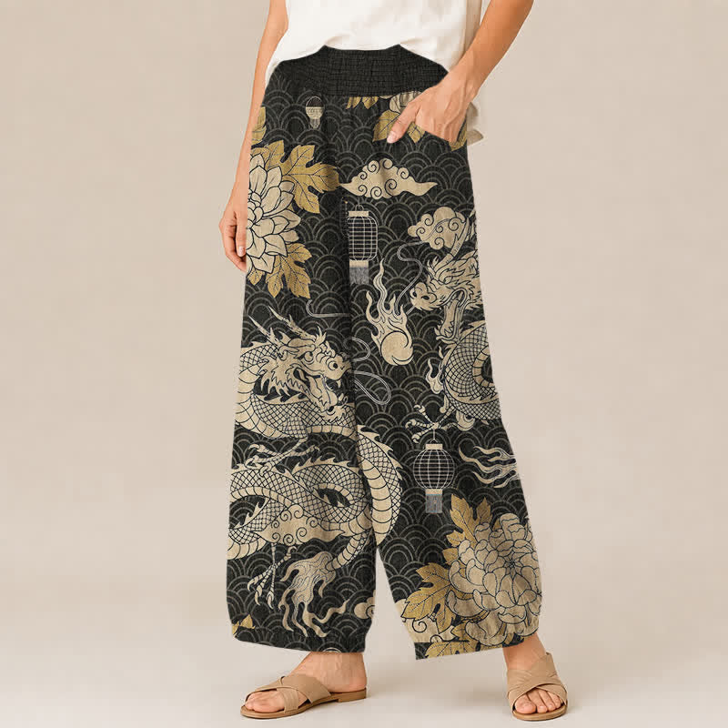 Buddha Stones Cotton Oriental Dragon Lotus Cloud Pattern Pleated Elastic Waist Women's Harem Pants With Pockets - image 1