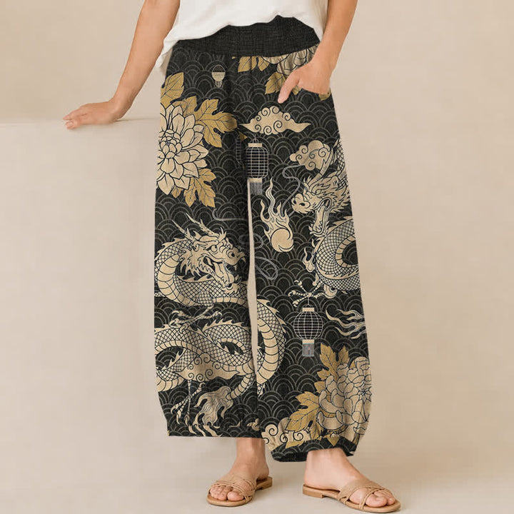 Buddha Stones Cotton Oriental Dragon Lotus Cloud Pattern Pleated Elastic Waist Women's Harem Pants With Pockets - Black - US16，UK/AU20，EU48 (3XL) - image 0