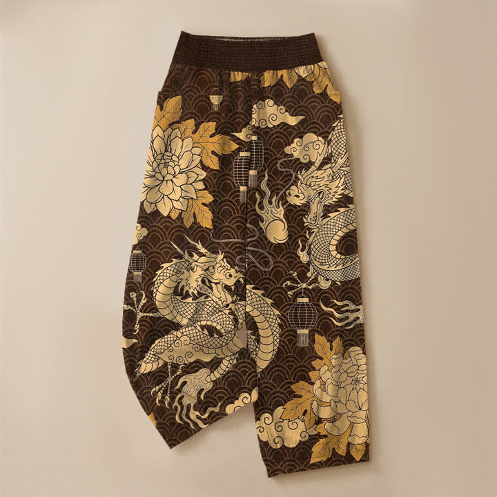 Buddha Stones Cotton Oriental Dragon Lotus Cloud Pattern Pleated Elastic Waist Women's Harem Pants With Pockets - image 13