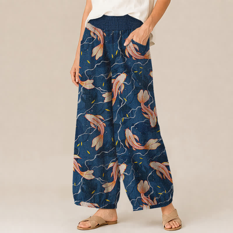 Buddha Stones Cotton Koi Fish Wave Pattern Pleated Elastic Waist Women's Harem Pants With Pockets - image 1