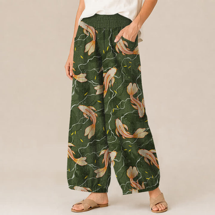Buddha Stones Cotton Koi Fish Wave Pattern Pleated Elastic Waist Women's Harem Pants With Pockets - image 7