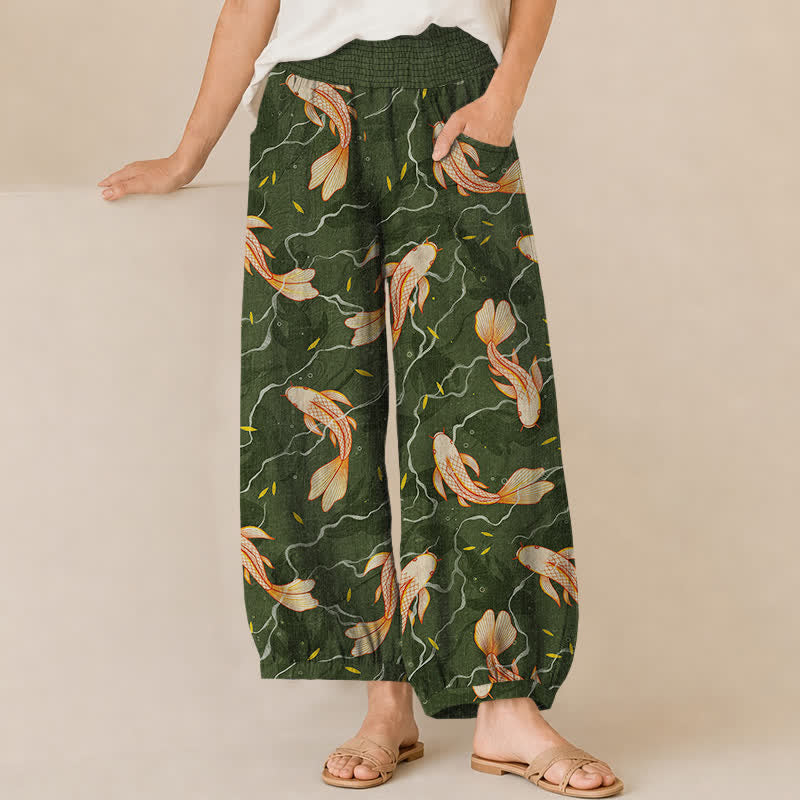 Buddha Stones Cotton Koi Fish Wave Pattern Pleated Elastic Waist Women's Harem Pants With Pockets - ForestGreen - US16，UK/AU20，EU48 (3XL) - image 6