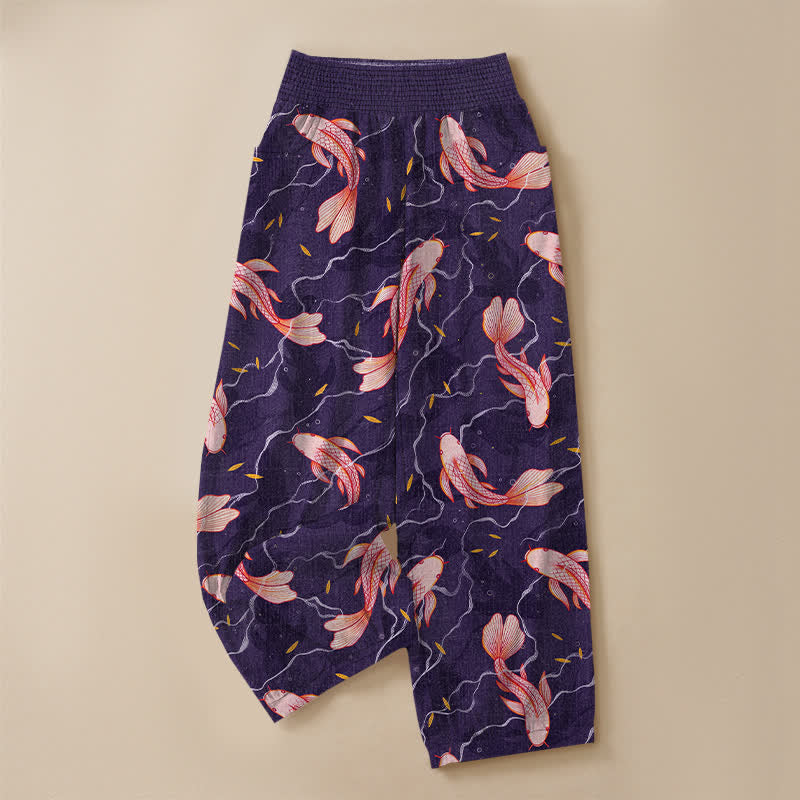 Buddha Stones Cotton Koi Fish Wave Pattern Pleated Elastic Waist Women's Harem Pants With Pockets - image 13