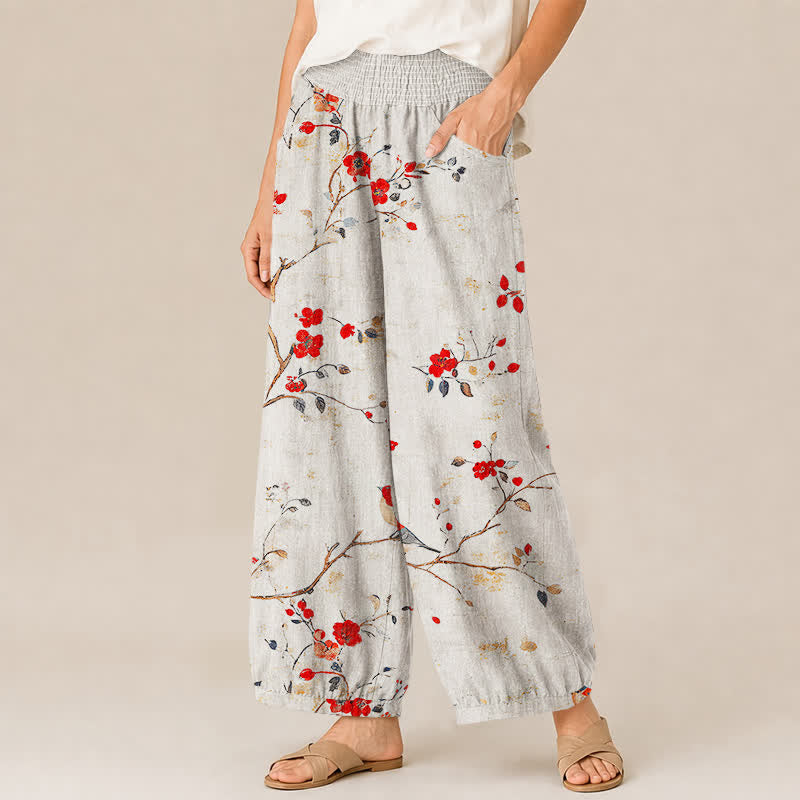 Buddha Stones Cotton Blossom Bird Branch Pattern Pleated Elastic Waist Women's Harem Pants With Pockets - image 1