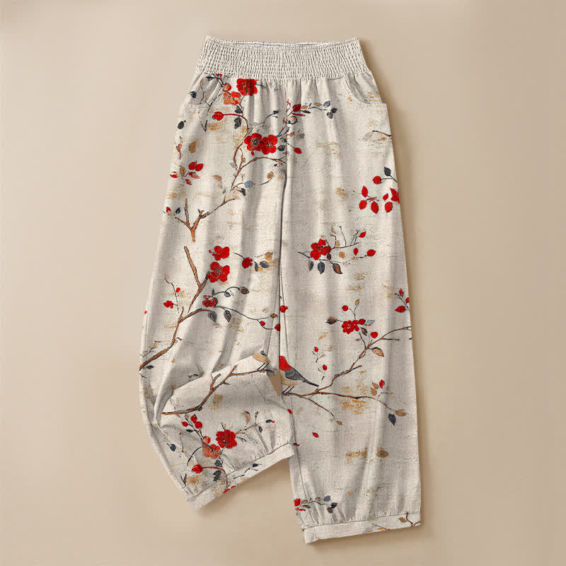 Buddha Stones Cotton Blossom Bird Branch Pattern Pleated Elastic Waist Women's Harem Pants With Pockets - image 3