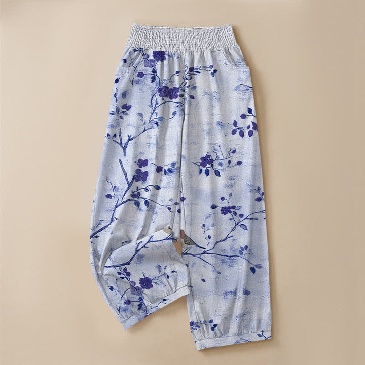 Buddha Stones Cotton Blossom Bird Branch Pattern Pleated Elastic Waist Women's Harem Pants With Pockets - image 9