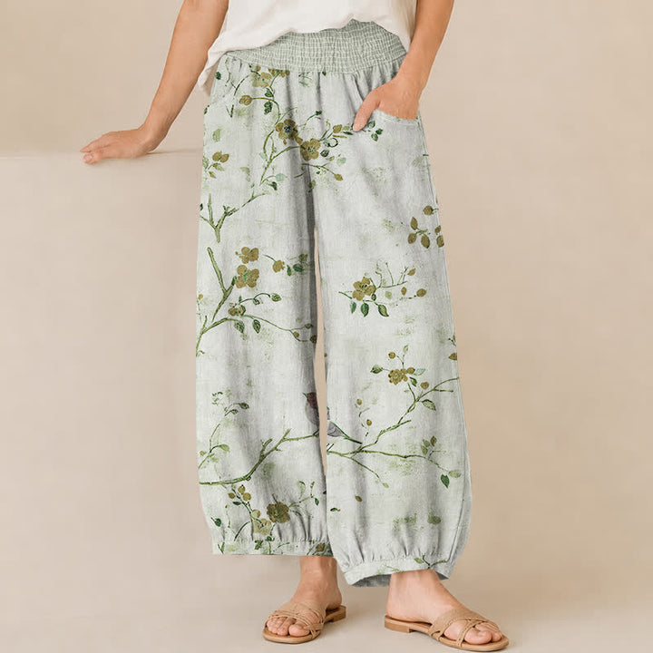 Buddha Stones Cotton Blossom Bird Branch Pattern Pleated Elastic Waist Women's Harem Pants With Pockets - MintCream - US16，UK/AU20，EU48 (3XL) - image 10