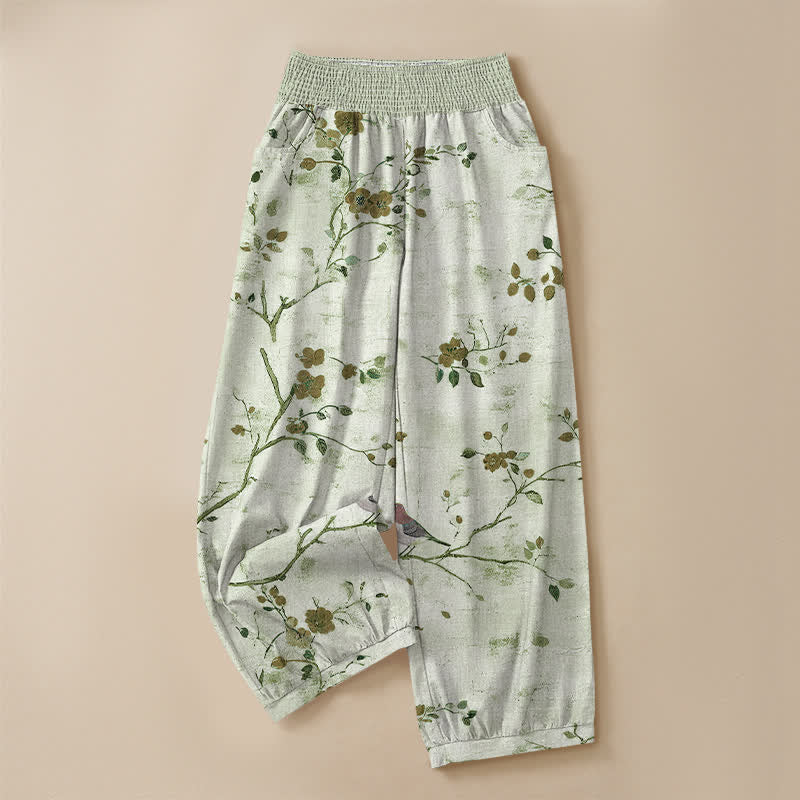 Buddha Stones Cotton Blossom Bird Branch Pattern Pleated Elastic Waist Women's Harem Pants With Pockets - image 13