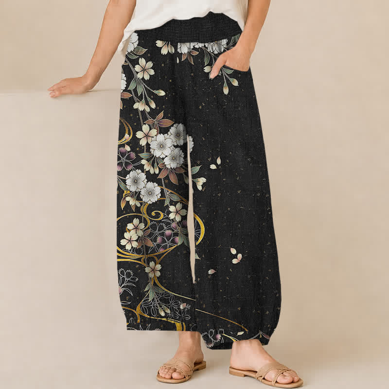Buddha Stones Cotton Asymmetrical Floral Vine Pattern Pleated Elastic Waist Women's Harem Pants With Pockets - Black - US16，UK/AU20，EU48 (3XL) - image 0