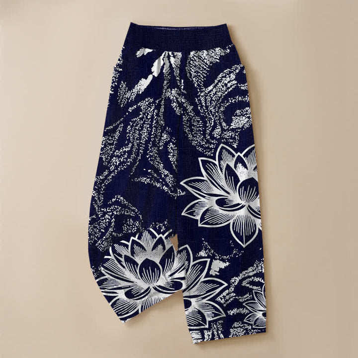 Buddha Stones Cotton White Lotus Floral Pattern Pleated Elastic Waist Women's Harem Pants With Pockets - image 3