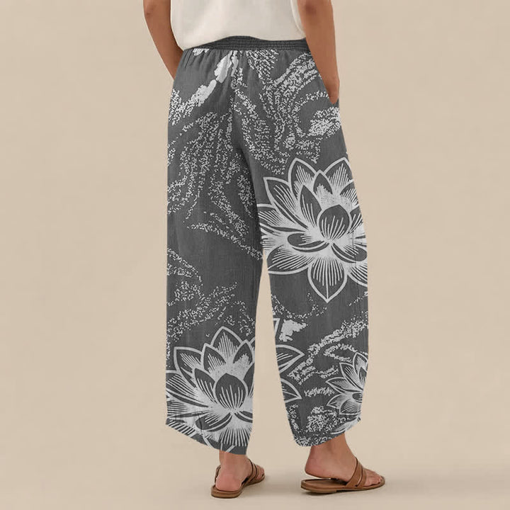 Buddha Stones Cotton White Lotus Floral Pattern Pleated Elastic Waist Women's Harem Pants With Pockets - image 8
