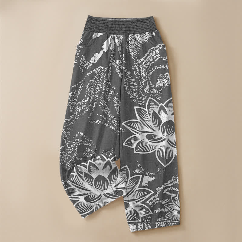 Buddha Stones Cotton White Lotus Floral Pattern Pleated Elastic Waist Women's Harem Pants With Pockets - image 9