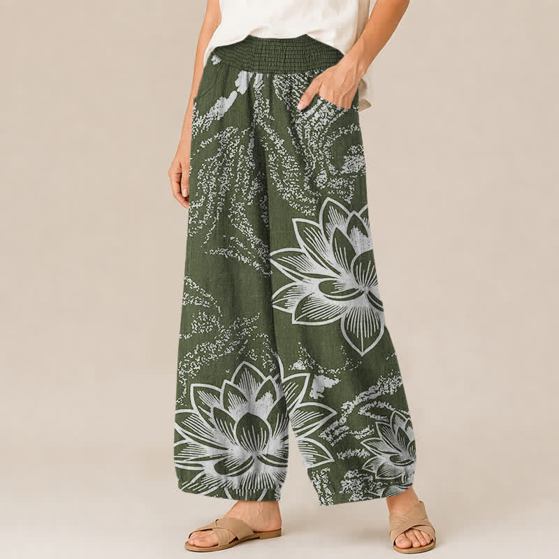 Buddha Stones Cotton White Lotus Floral Pattern Pleated Elastic Waist Women's Harem Pants With Pockets - image 11