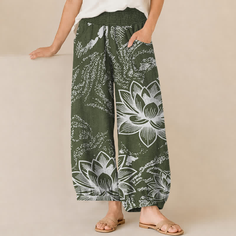 Buddha Stones Cotton White Lotus Floral Pattern Pleated Elastic Waist Women's Harem Pants With Pockets - DarkOliveGreen - US16，UK/AU20，EU48 (3XL) - image 10