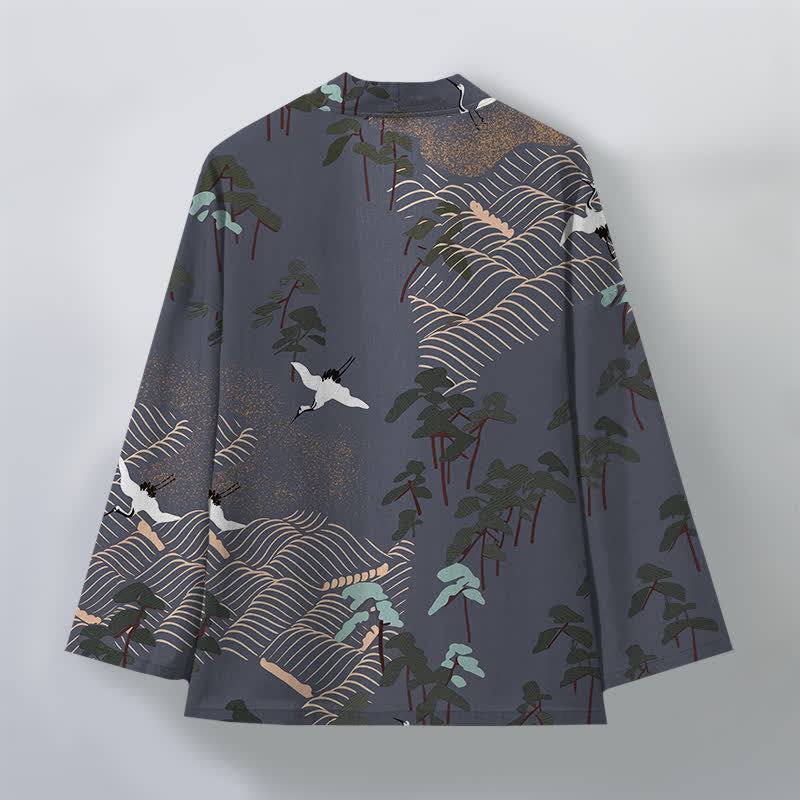 Buddha Stones Cotton White Crane Trees Flowing Waves Pattern Open Front Men's Kimono - image 8