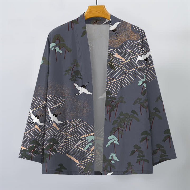 Buddha Stones Cotton White Crane Trees Flowing Waves Pattern Open Front Men's Kimono - image 7